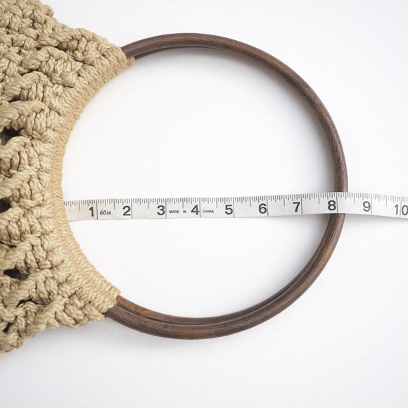 70s Vintage Crochet Knit Hand Bag Wooden Top Handles Tan Boho Macrame Purse‎ - Picture 6 of 8